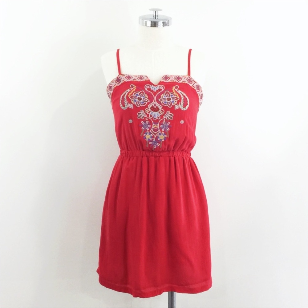 Anthropologie Red Embroidered Silk Mini Dress